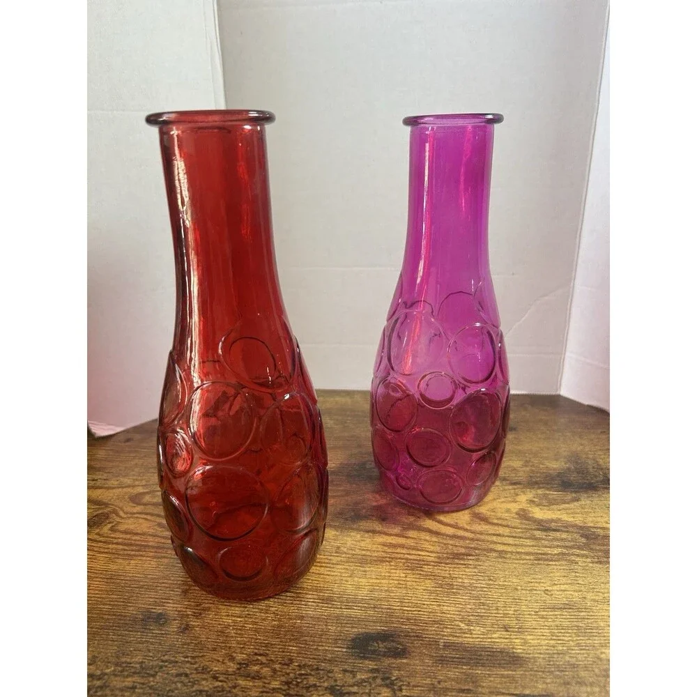 Vintage DPS Circles Vases Red Pink Dots Pair Set 8.5in Retro Mid Century Glass
